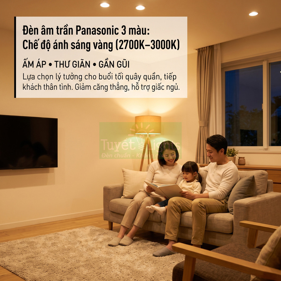Đèn âm trần Panasonic ánh sáng vàng chiếu sáng phòng khách ấm áp cho gia đình quây quần đọc sách