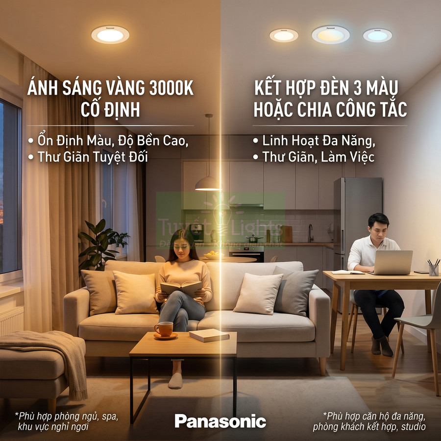Đèn âm trần Panasonic ánh sáng vàng 3000K và đèn 3 màu cho phòng khách và khu vực làm việc