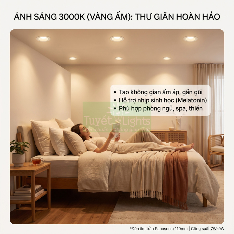 Đèn âm trần Panasonic ánh sáng vàng 3000K tạo không gian phòng ngủ ấm áp thư giãn