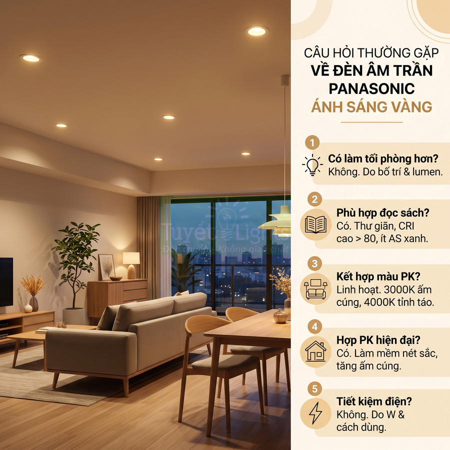 Đèn âm trần Panasonic ánh sáng vàng chiếu sáng phòng khách hiện đại với nội thất gỗ ấm cúng
