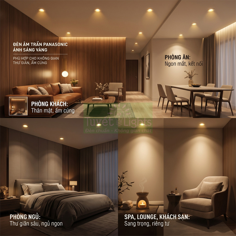 Đèn âm trần Panasonic ánh vàng chiếu sáng phòng khách, phòng ăn, phòng ngủ và spa sang trọng ấm cúng