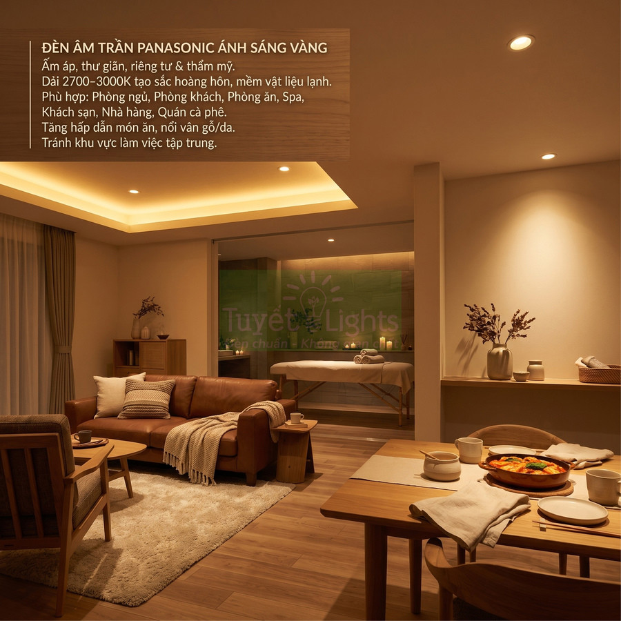 Đèn âm trần Panasonic ánh sáng vàng phù hợp không gian nào?