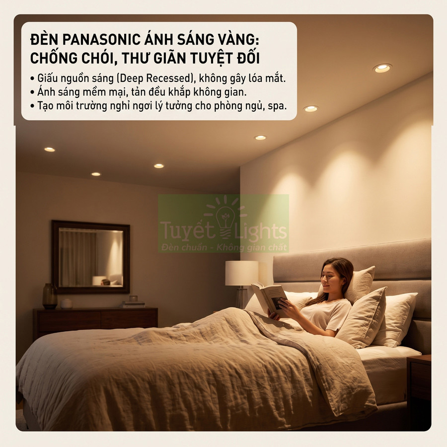 Đèn âm trần Panasonic ánh sáng vàng trong phòng ngủ, tạo không gian thư giãn cho người phụ nữ đọc sách trên giường