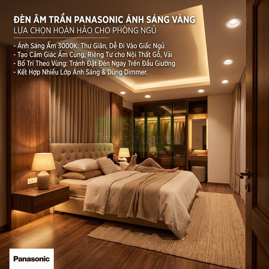 Đèn âm trần Panasonic ánh sáng vàng cho phòng ngủ hiện đại với nội thất gỗ ấm cúng