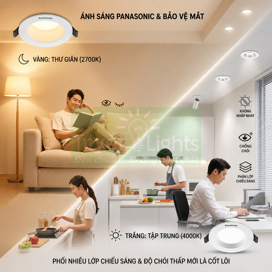 Đèn LED âm trần Panasonic ánh sáng vàng 2700K và trắng 4000K cho phòng khách, bếp và làm việc