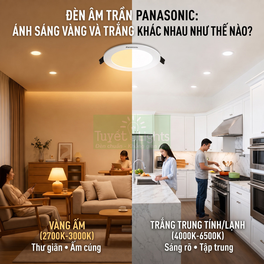 Đèn âm trần Panasonic so sánh ánh sáng vàng ấm và trắng trung tính lạnh trong phòng khách và bếp