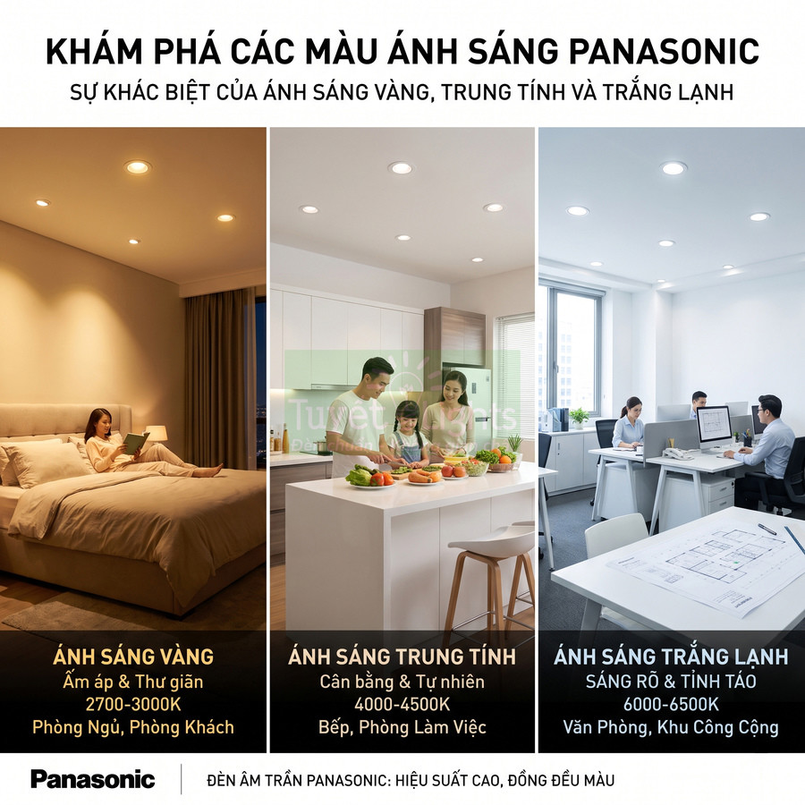 Đèn âm trần Panasonic với ba màu ánh sáng vàng, trung tính và trắng lạnh cho phòng ngủ, bếp và văn phòng