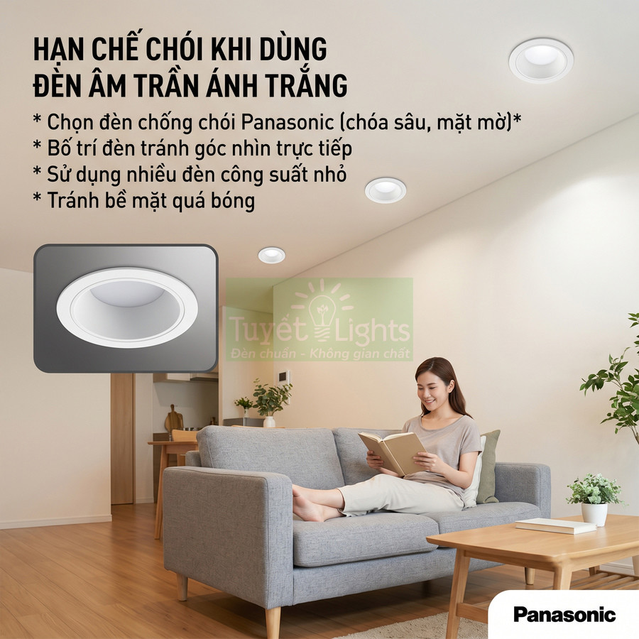 Đèn âm trần Panasonic ánh sáng trắng lắp trong phòng khách hiện đại, hạn chế chói mắt khi sử dụng