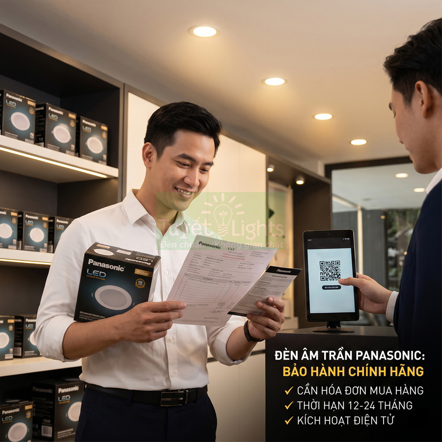 Khách hàng kiểm tra hóa đơn và phiếu bảo hành đèn âm trần LED Panasonic chính hãng trong cửa hàng