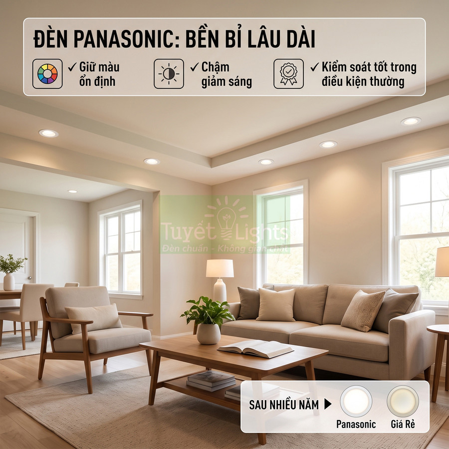 Đèn LED âm trần Panasonic chiếu sáng phòng khách hiện đại, giữ màu ổn định và bền lâu