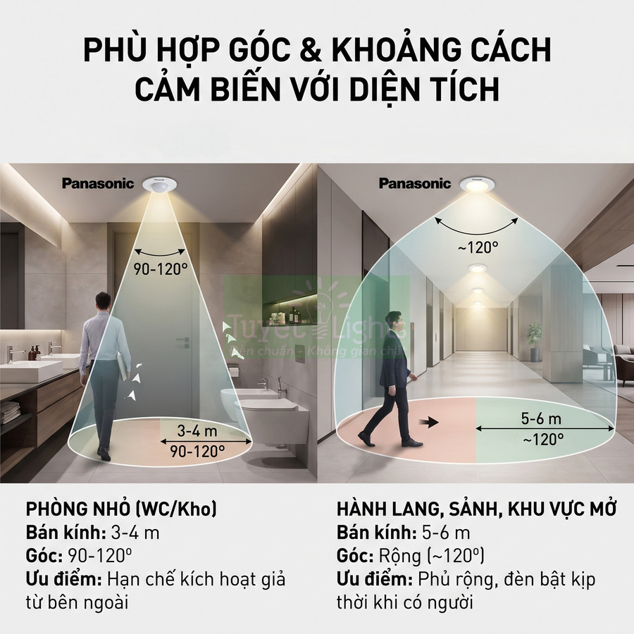 Đèn cảm biến Panasonic lắp trần cho phòng nhỏ và hành lang, minh họa góc quét và bán kính phát hiện chuyển động