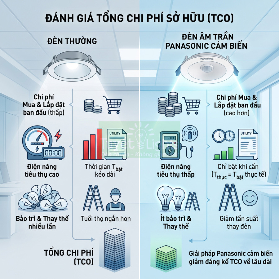 So sánh tổng chi phí sở hữu đèn âm trần thường và đèn âm trần Panasonic cảm biến tiết kiệm điện