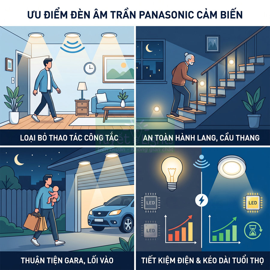 Ưu điểm đèn âm trần cảm biến Panasonic cho phòng khách, cầu thang, gara, tiết kiệm điện và an toàn