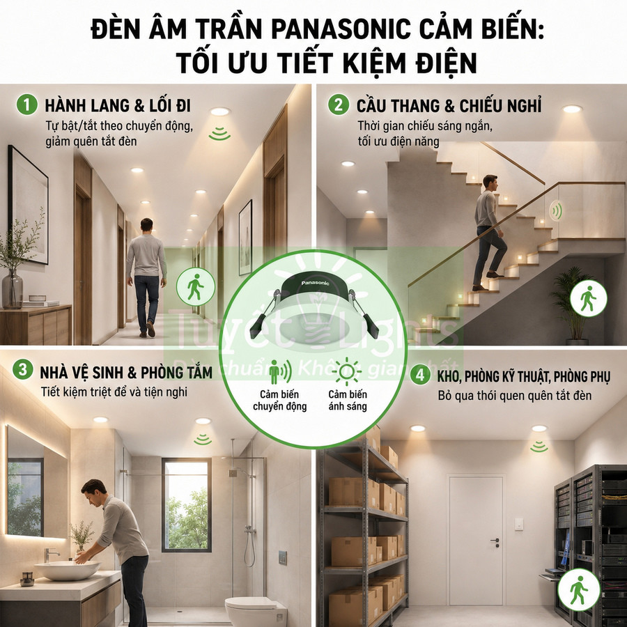 Đèn âm trần Panasonic cảm biến tiết kiệm điện lắp cho hành lang, cầu thang, nhà vệ sinh và kho