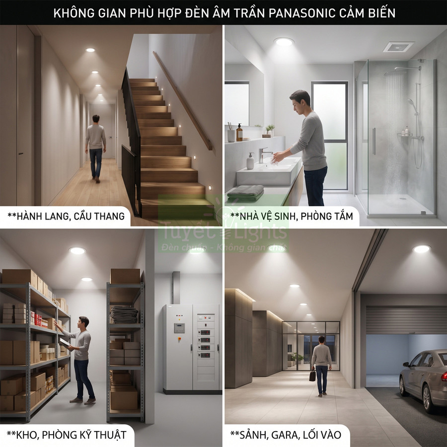 Đèn âm trần Panasonic cảm biến lắp cho hành lang, cầu thang, nhà vệ sinh, kho, gara và lối vào