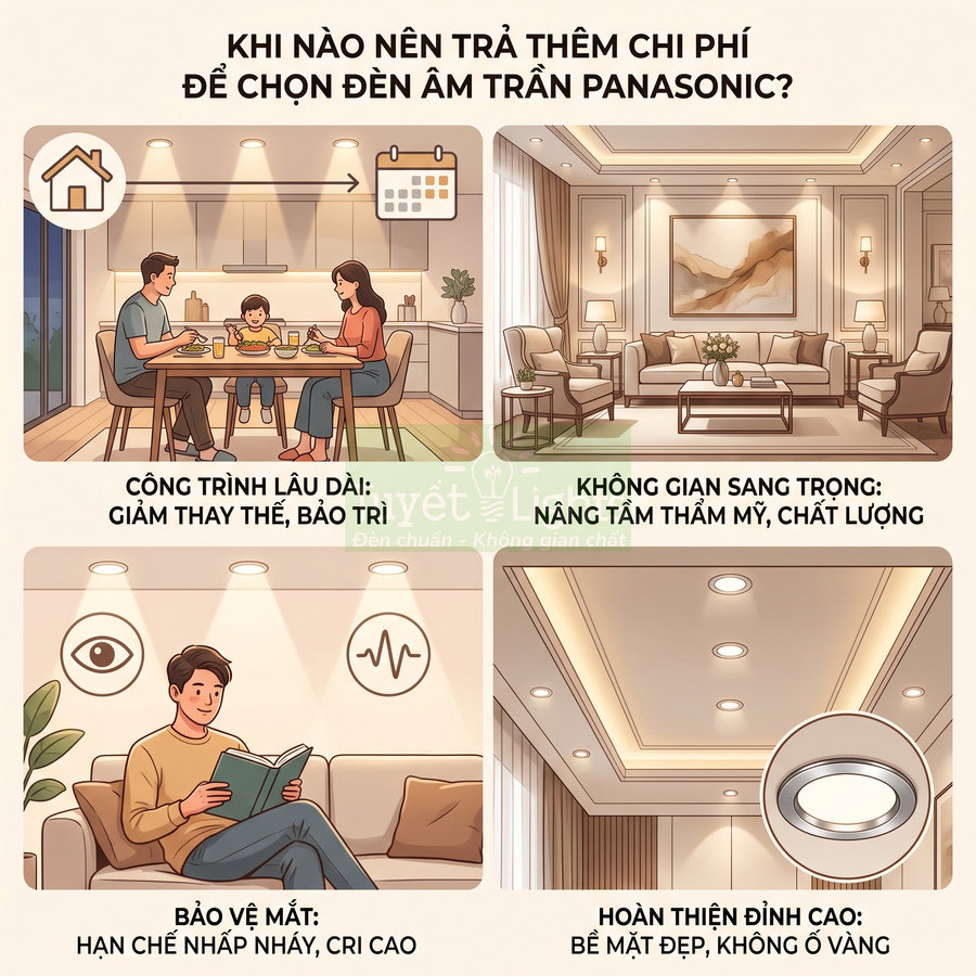 Đèn âm trần Panasonic lắp trong phòng khách và phòng ăn, ánh sáng dịu, thiết kế hiện đại sang trọng