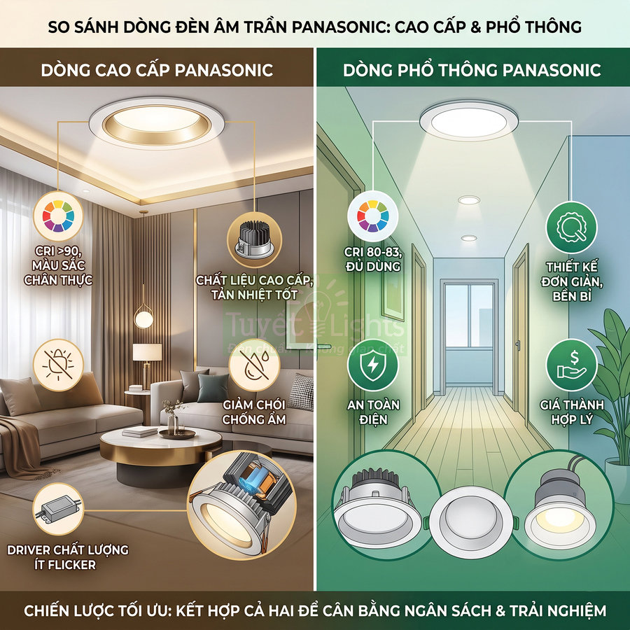 So sánh đèn âm trần Panasonic cao cấp và phổ thông với ưu điểm về CRI, chất liệu, an toàn điện và giá thành