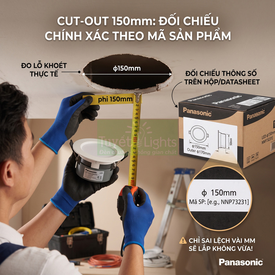 Lắp đặt đèn âm trần Panasonic 150mm, thợ đo đường kính lỗ khoét trần và đối chiếu kích thước trên hộp sản phẩm