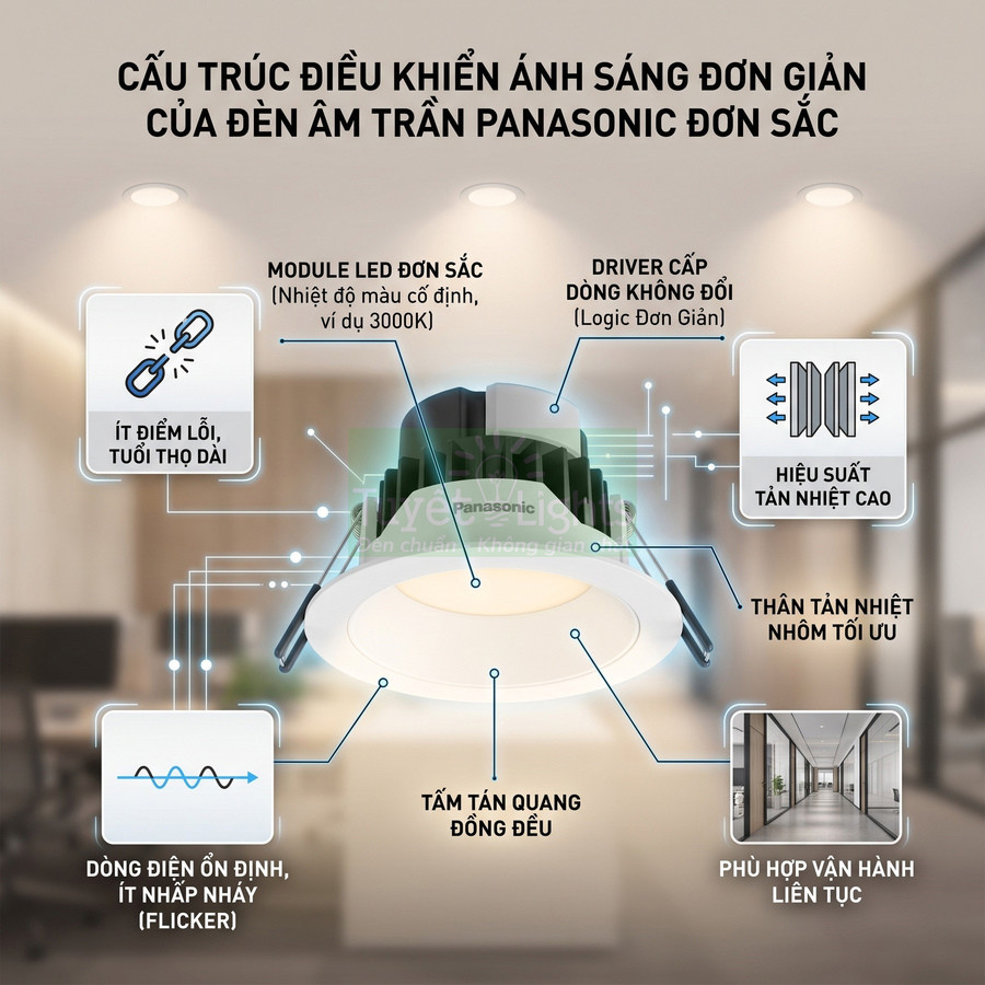 Cấu tạo đèn âm trần Panasonic đơn sắc với module LED, tản nhiệt nhôm và tấm tán quang cho ánh sáng ổn định