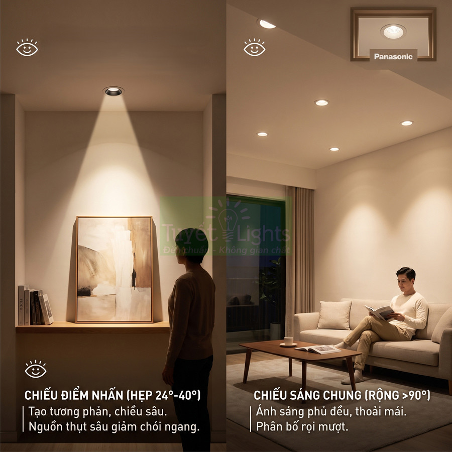 Đèn downlight Panasonic chiếu điểm nhấn tranh và chiếu sáng chung phòng khách hiện đại