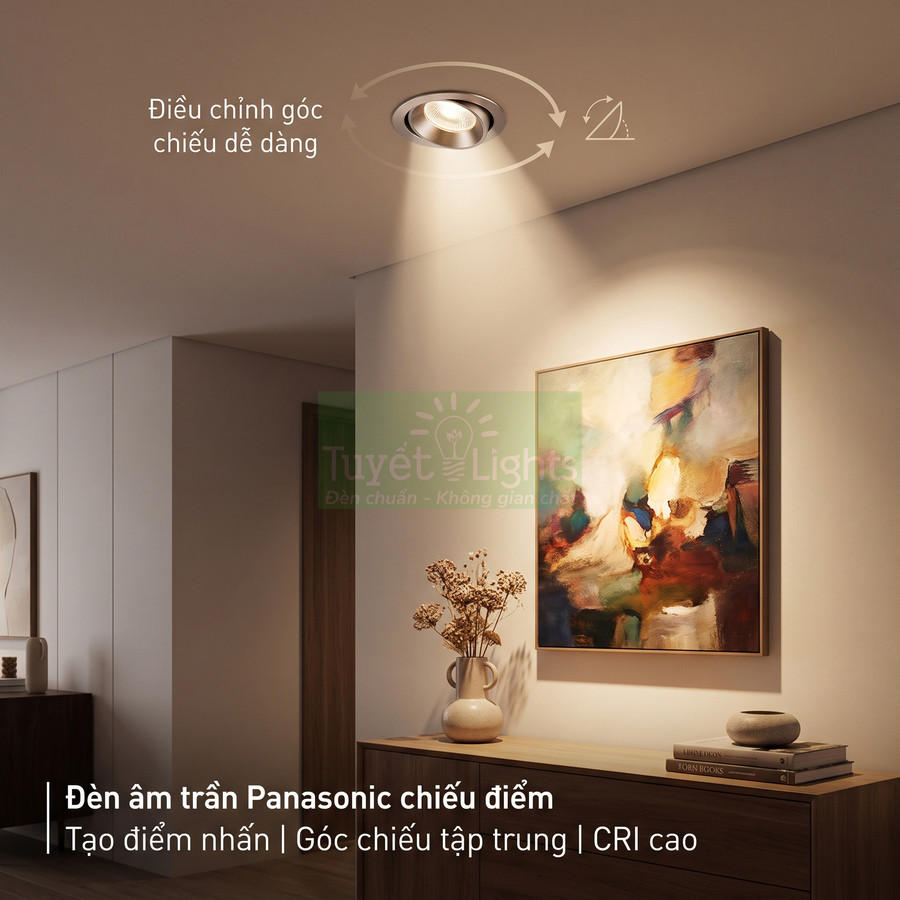 Đèn âm trần Panasonic chiếu điểm điều chỉnh góc, tạo điểm nhấn cho tranh treo tường trong phòng khách