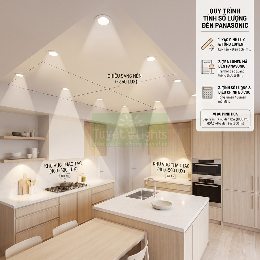 Đèn downlight Panasonic chiếu sáng trần bếp hiện đại, phân vùng chiếu sáng nền và khu vực thao tác