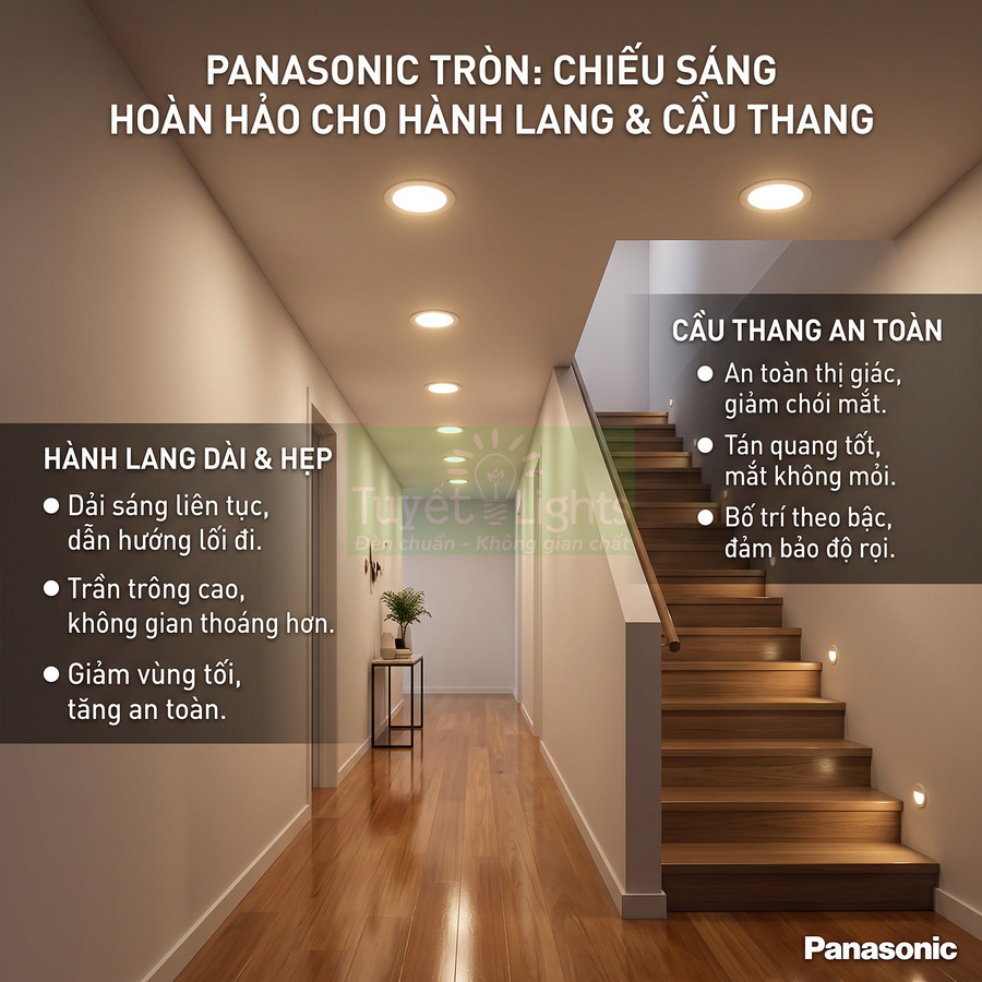 Đèn âm trần Panasonic chiếu sáng hành lang và cầu thang gỗ, tạo không gian an toàn và hiện đại