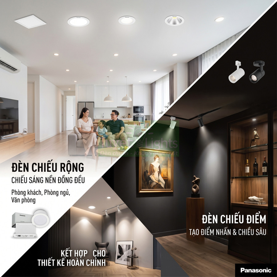 Đèn chiếu sáng Panasonic cho phòng khách và trưng bày, kết hợp đèn chiếu rộng và đèn chiếu điểm hiện đại