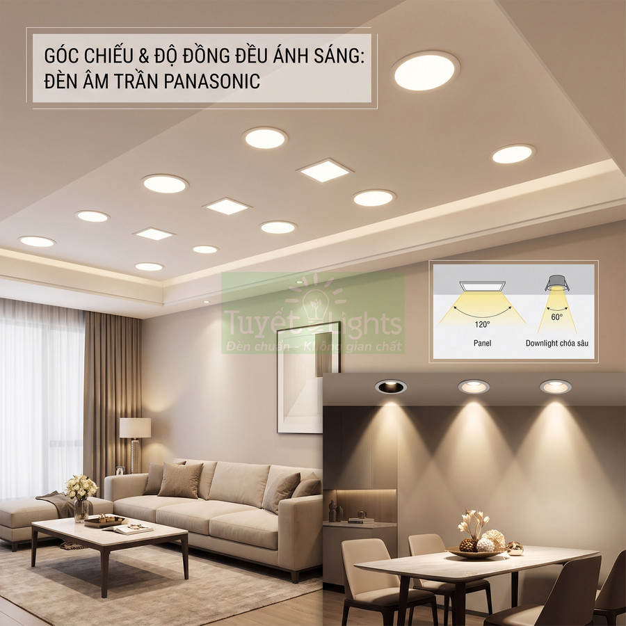 Đèn âm trần Panasonic chiếu sáng phòng khách hiện đại với ánh sáng vàng đồng đều
