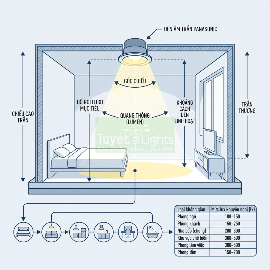 Đèn âm trần Panasonic chiếu sáng phòng ngủ với sơ đồ minh họa góc chiếu và độ rọi lux khuyến nghị