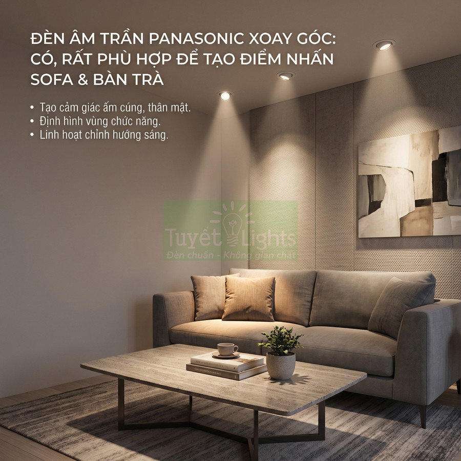 Đèn âm trần Panasonic xoay góc chiếu sáng sofa và bàn trà trong phòng khách hiện đại