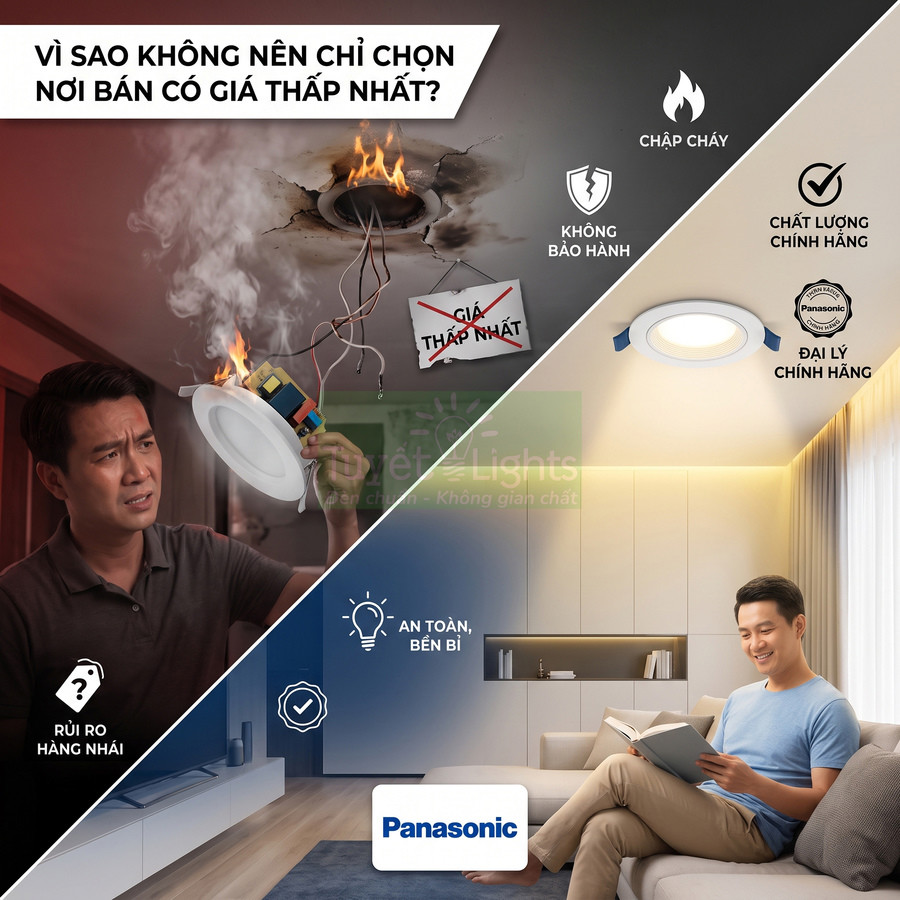 Đèn led âm trần Panasonic chính hãng an toàn bền bỉ so với đèn giá rẻ kém chất lượng dễ chập cháy