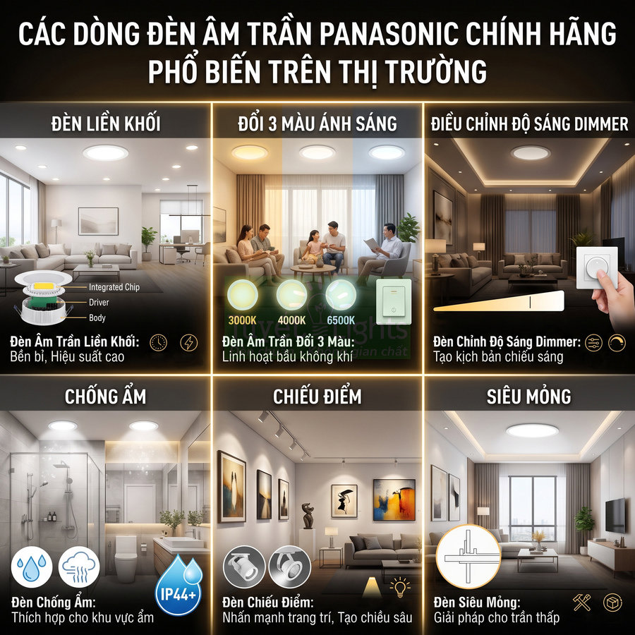 Các dòng đèn âm trần Panasonic chính hãng gồm đèn liền khối, đổi 3 màu, dimmer, chống ẩm, chiếu điểm, siêu mỏng