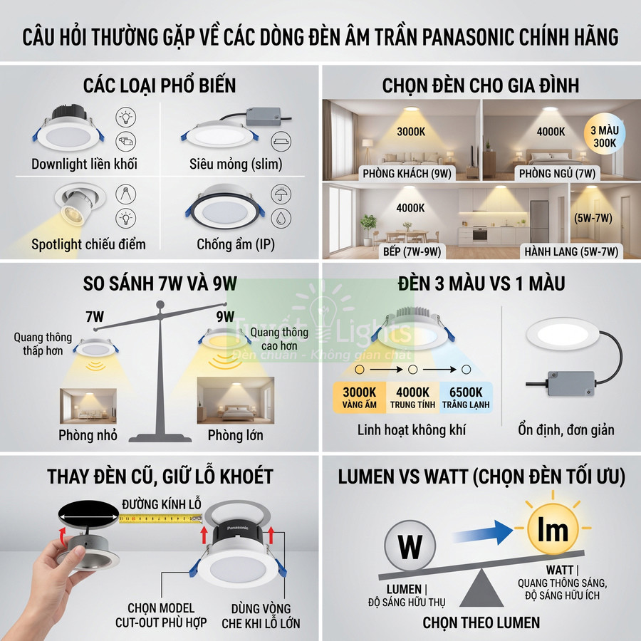 Hướng dẫn chọn đèn âm trần Panasonic chính hãng cho gia đình, so sánh công suất, màu sáng và cách thay đèn cũ