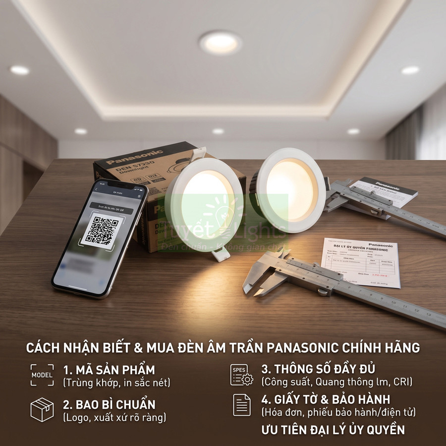 Đèn âm trần Panasonic chính hãng trên bàn gỗ kèm hộp, thước kẹp, giấy bảo hành và điện thoại quét mã QR