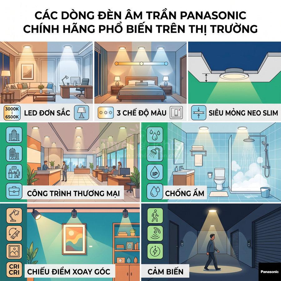 Các loại đèn âm trần Panasonic chính hãng cho nhà ở, phòng tắm, văn phòng, chiếu điểm và cảm biến chống ẩm