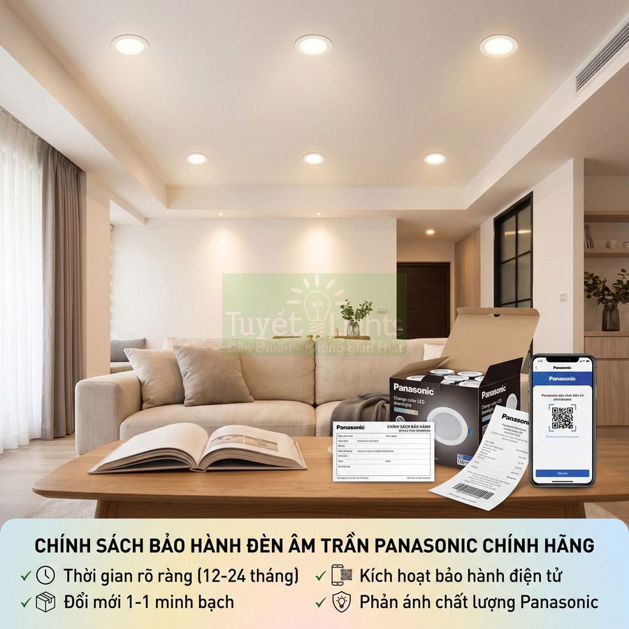 Đèn âm trần Panasonic chính hãng lắp trong phòng khách hiện đại kèm hộp sản phẩm và hướng dẫn bảo hành