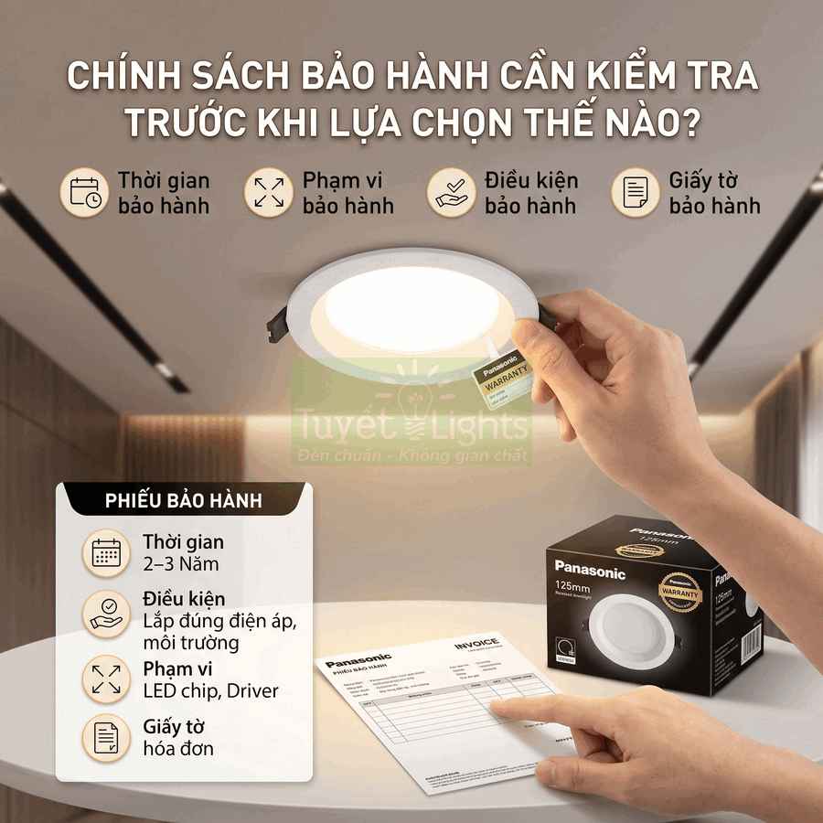 Đèn downlight âm trần Panasonic 125mm kèm hộp sản phẩm và phiếu bảo hành trên bàn