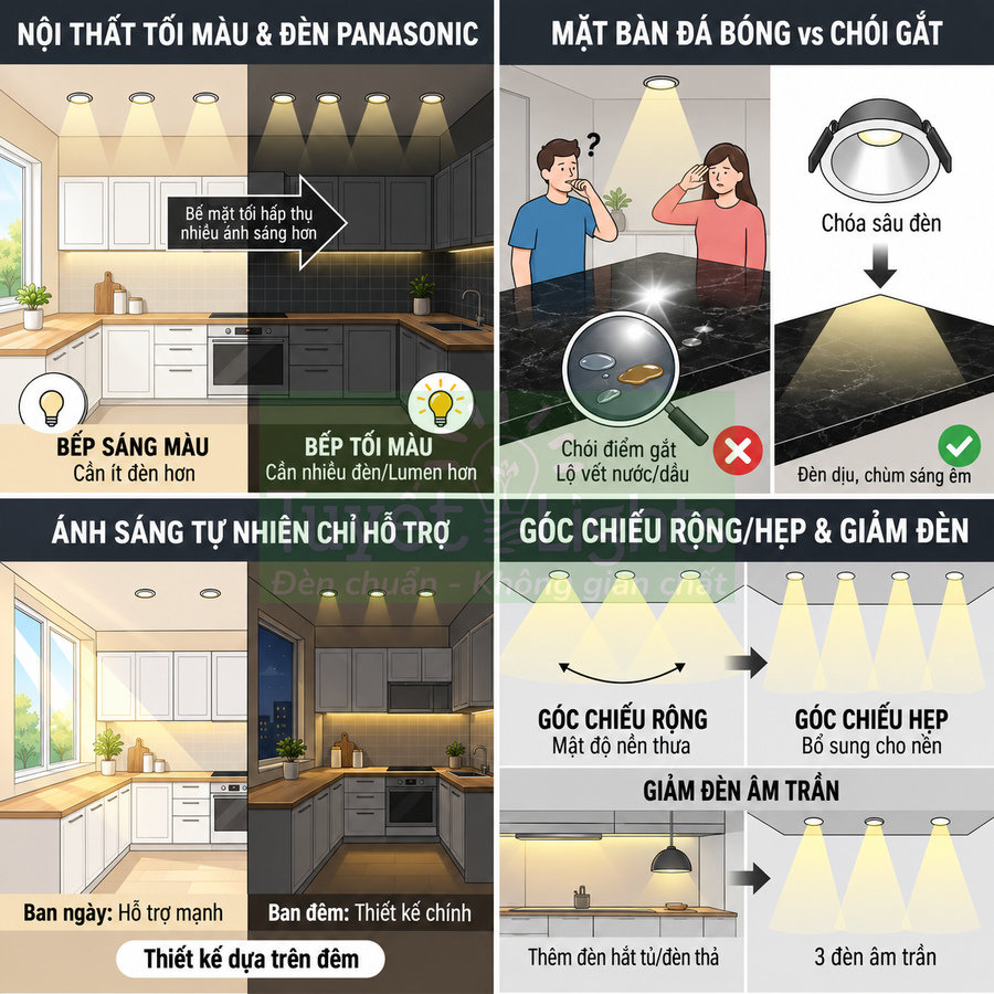 Minh họa bếp dùng đèn âm trần Panasonic, so sánh ánh sáng, góc chiếu và mặt bàn đá bóng chống chói