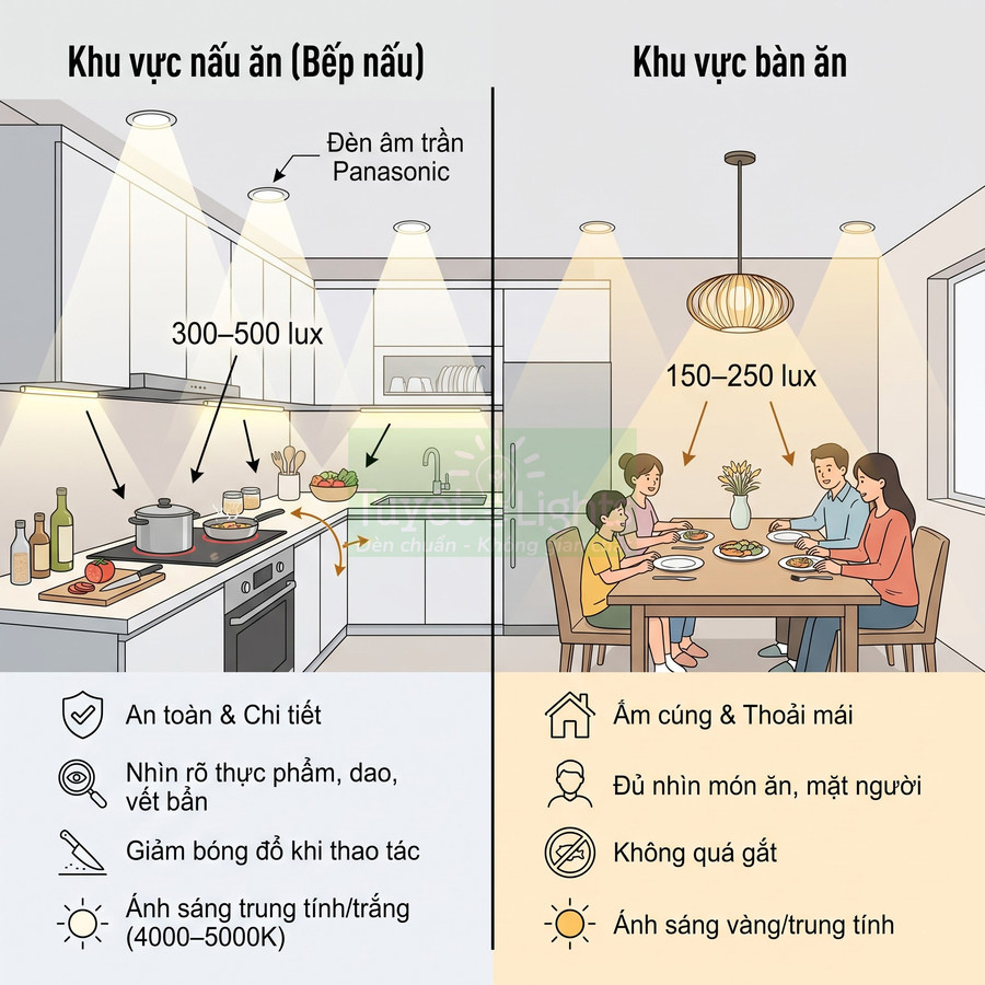 Đèn âm trần Panasonic chiếu sáng khu bếp và bàn ăn gia đình với mức lux phù hợp