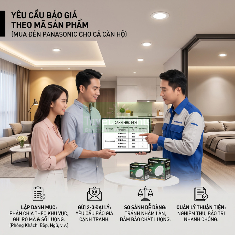 Nhân viên tư vấn giới thiệu đèn LED âm trần Panasonic cho cặp đôi trong căn hộ hiện đại