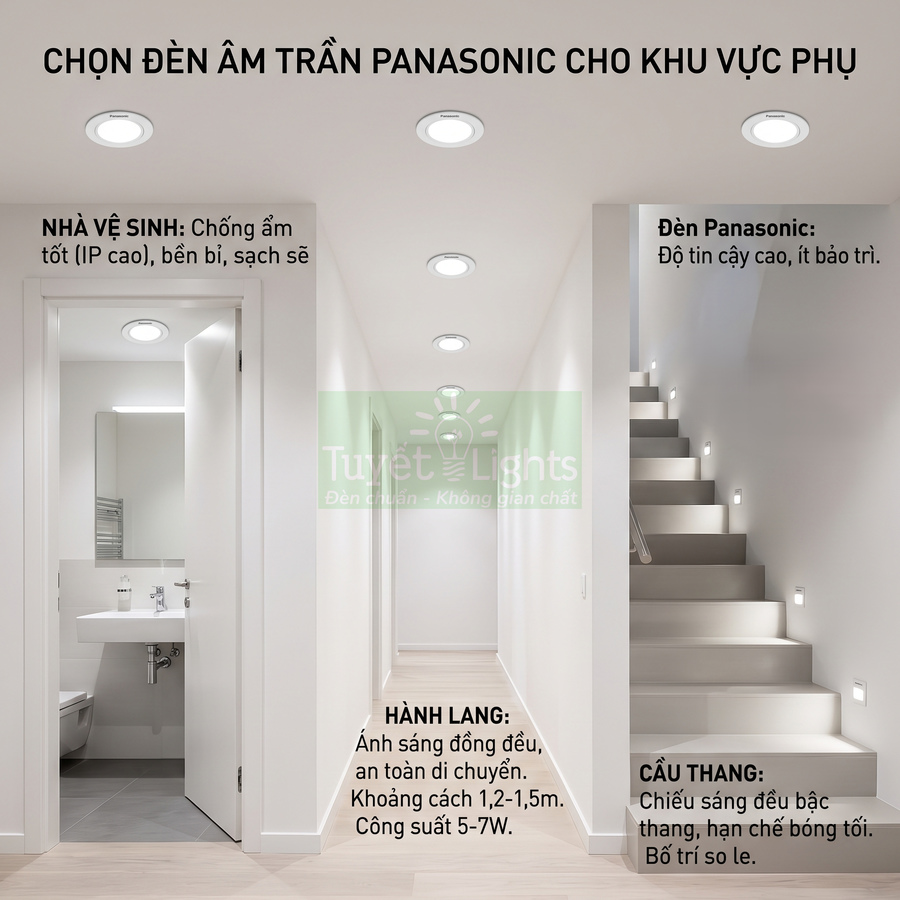 Đèn âm trần Panasonic chiếu sáng nhà vệ sinh, hành lang và cầu thang trong không gian nội thất hiện đại