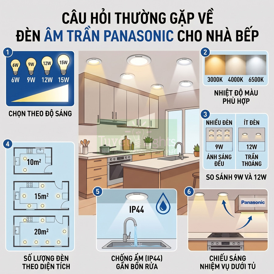Hướng dẫn chọn đèn âm trần Panasonic cho nhà bếp với độ sáng, nhiệt độ màu và vị trí lắp đặt phù hợp