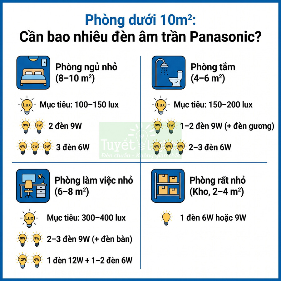 Hướng dẫn chọn số lượng đèn âm trần Panasonic cho phòng ngủ, phòng tắm, phòng làm việc và kho dưới 10m2