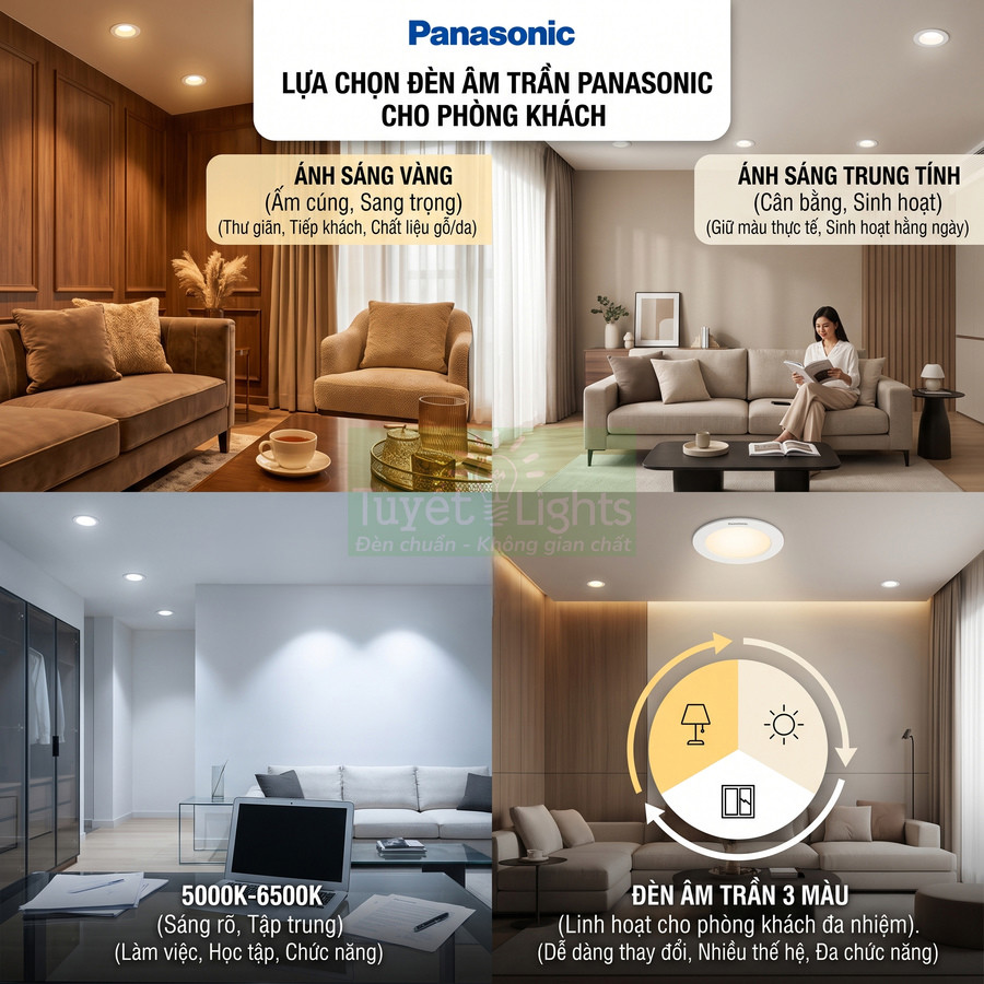 Đèn âm trần Panasonic 3 màu cho phòng khách với các chế độ ánh sáng vàng, trung tính và trắng 5000K-6500K
