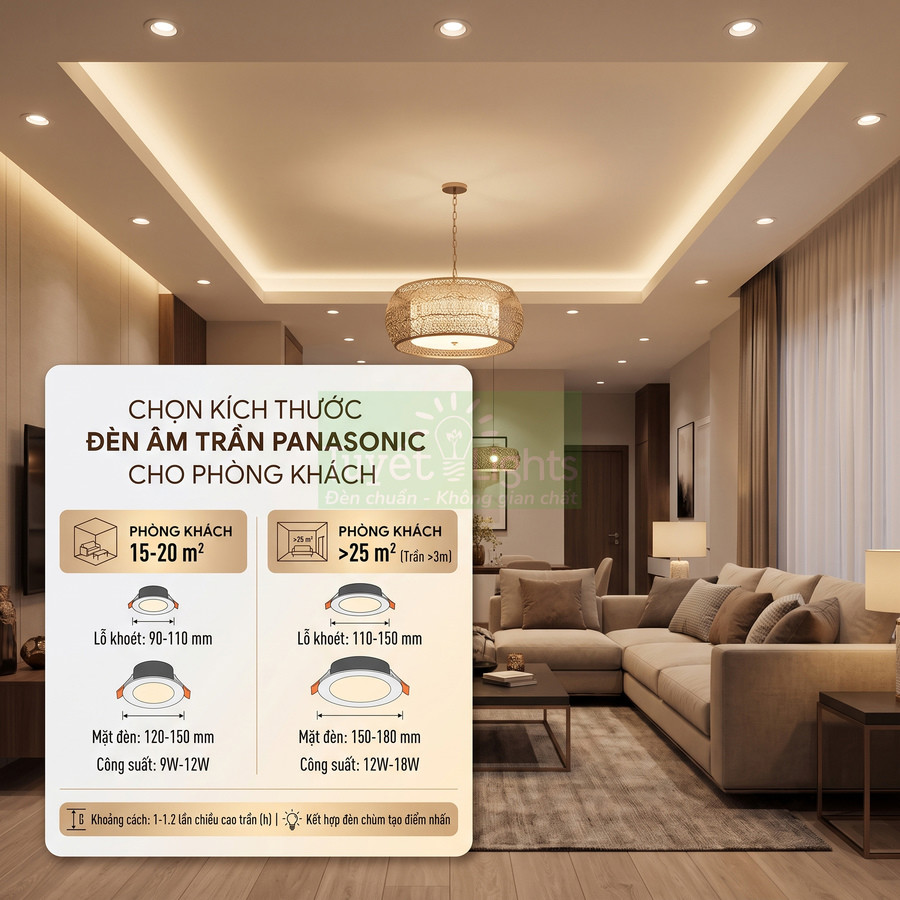 Hướng dẫn chọn kích thước đèn âm trần Panasonic cho phòng khách hiện đại, gợi ý lỗ khoét và công suất phù hợp