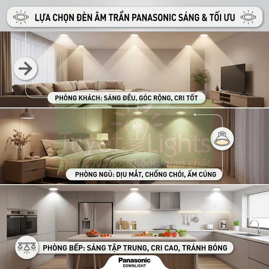 Đèn âm trần Panasonic chiếu sáng phòng khách, phòng ngủ và phòng bếp hiện đại