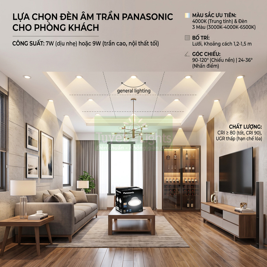 Đèn âm trần Panasonic lắp trong phòng khách hiện đại với hộp sản phẩm đặt trên bàn gỗ