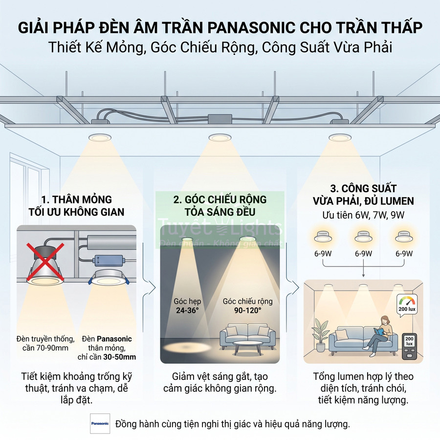 Giải pháp đèn âm trần Panasonic cho trần thấp, thân mỏng góc chiếu rộng và công suất 6W 7W 9W tiết kiệm điện