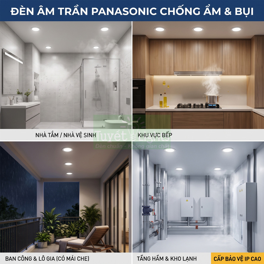 Đèn âm trần Panasonic chống ẩm bụi lắp cho nhà tắm, bếp, ban công, tầng hầm và kho lạnh